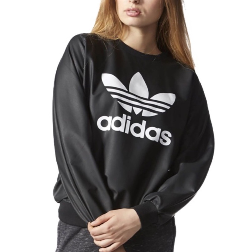 Adidas Black Liquid Leather Look Crewneck Sweater